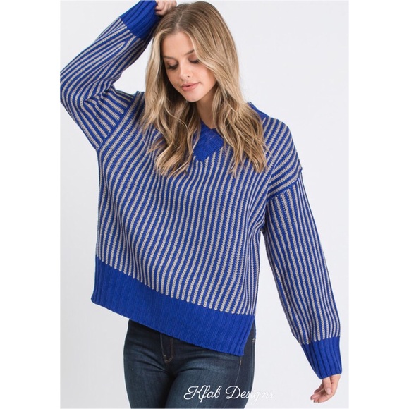 LAST! V Neck Royal Blue Contrast Vertical Stripe Sweater! - Picture 2 of 8